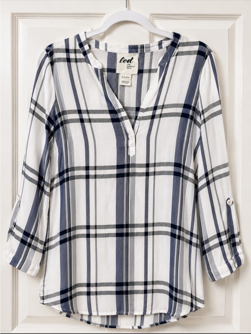 White Plaid Henley Blouse with Navy and Gray Stripes